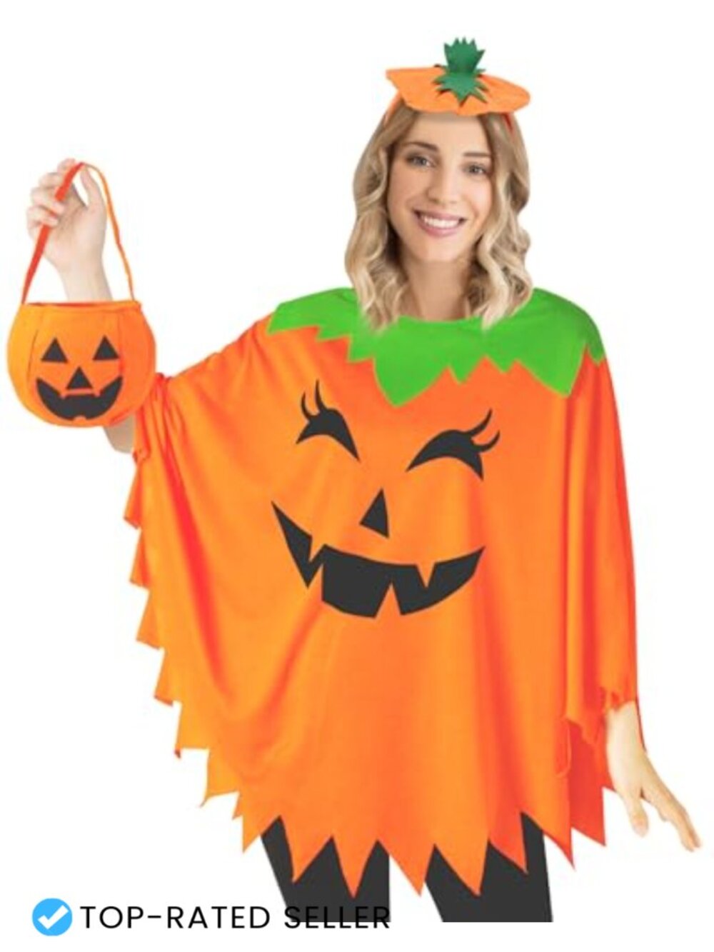 HEYFIZZ 3 Pc Pumpkin Poncho Costume Set with Headband & Candy Bag